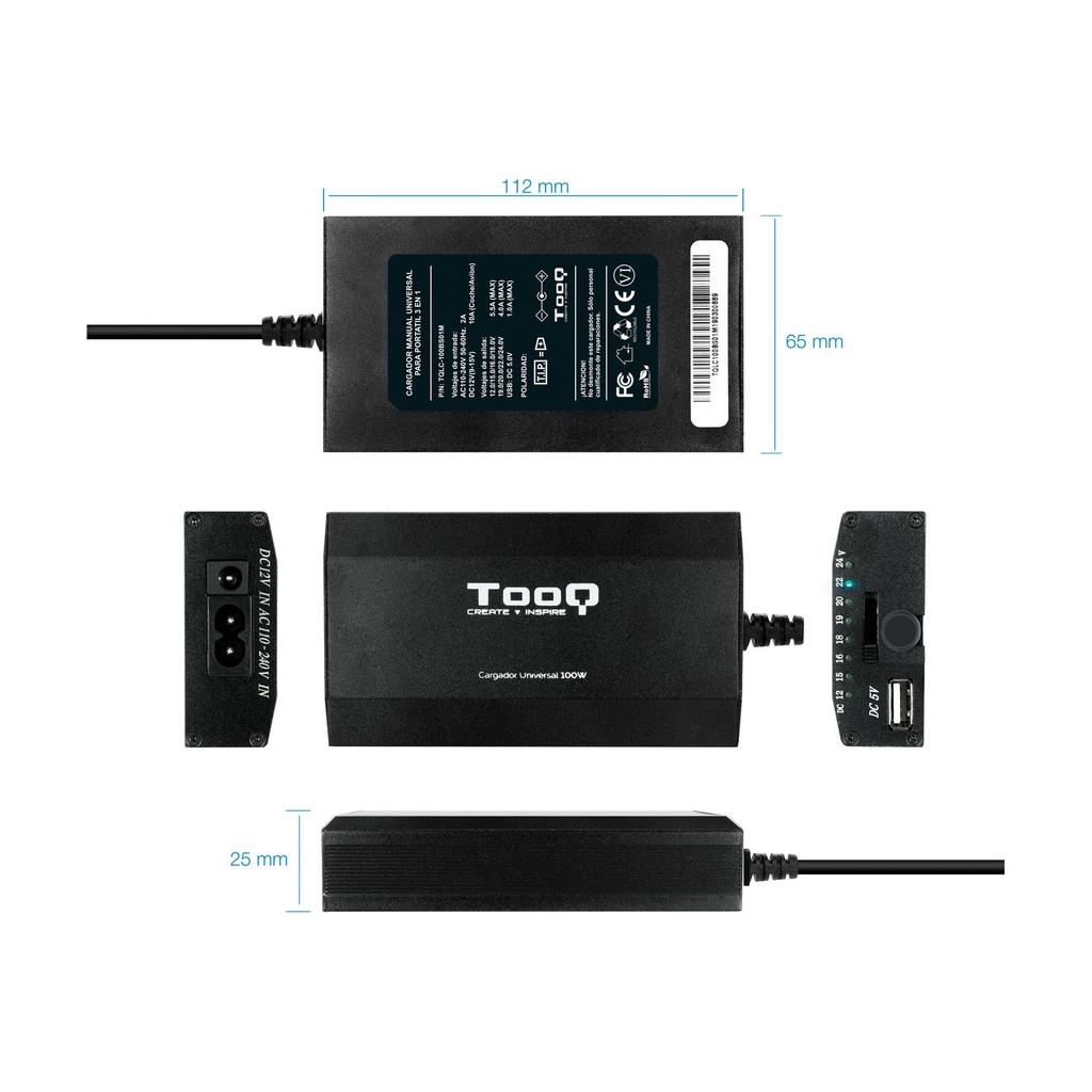 Cargador de Portátil TooQ TQLC-100BS01M/ 100W/ Manual/ 12 Conectores/ Voltaje 12-24V/ 1 USB