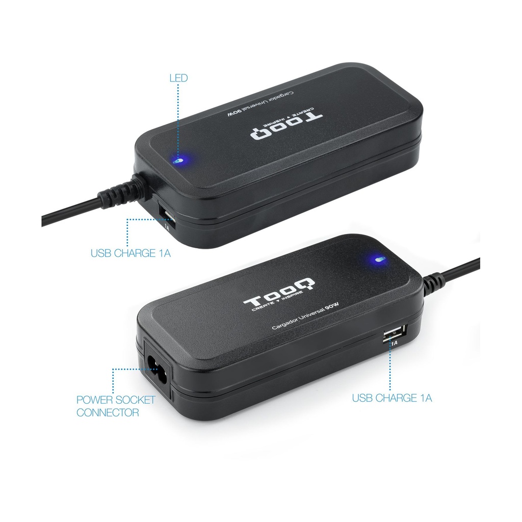 Cargador de Portátil TooQ TQLC-90BS02AT/ 90W/ Automático/ 12 Conectores/ Voltaje 12-20V/ 1 USB