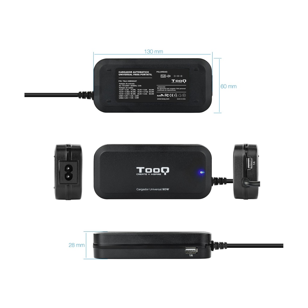 Cargador de Portátil TooQ TQLC-90BS02AT/ 90W/ Automático/ 12 Conectores/ Voltaje 12-20V/ 1 USB