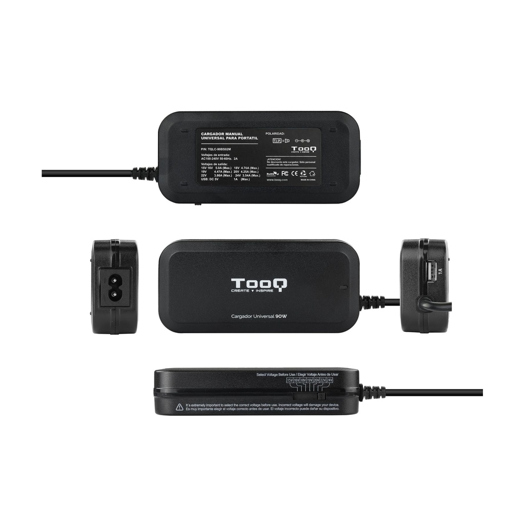 Cargador de Portátil TooQ TQLC-90BS02M/ 90W/ Manual/ 12 Conectores/ Voltaje 15-24V/ 1 USB