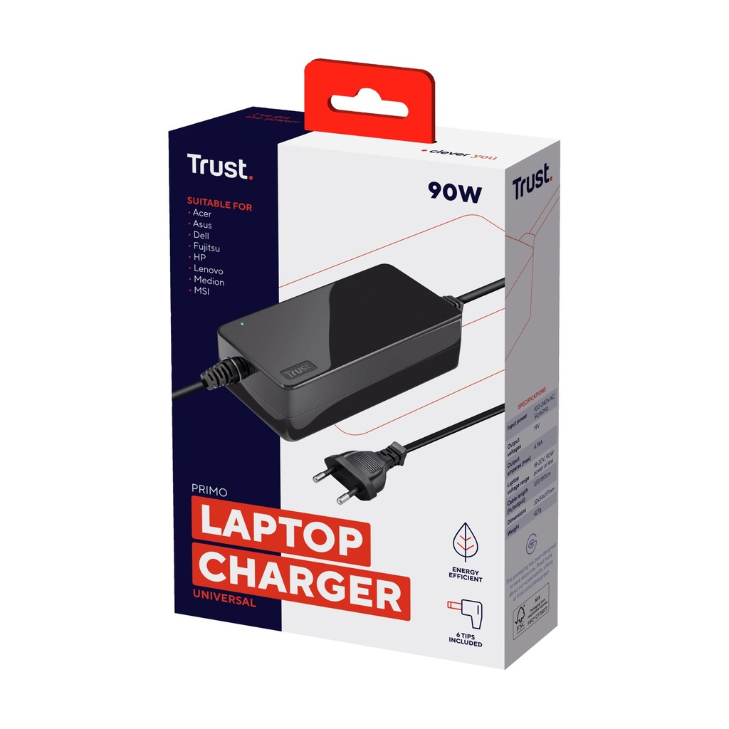 Cargador de Portátil Universal Trust Primo 22142/ 90W/ Automático/ 6 Conectores/ Voltaje 18-20V