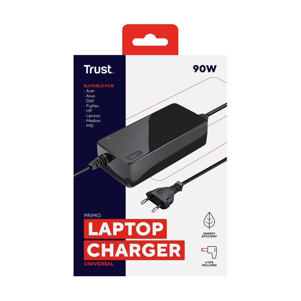 Cargador de Portátil Universal Trust Primo 22142/ 90W/ Automático/ 6 Conectores/ Voltaje 18-20V