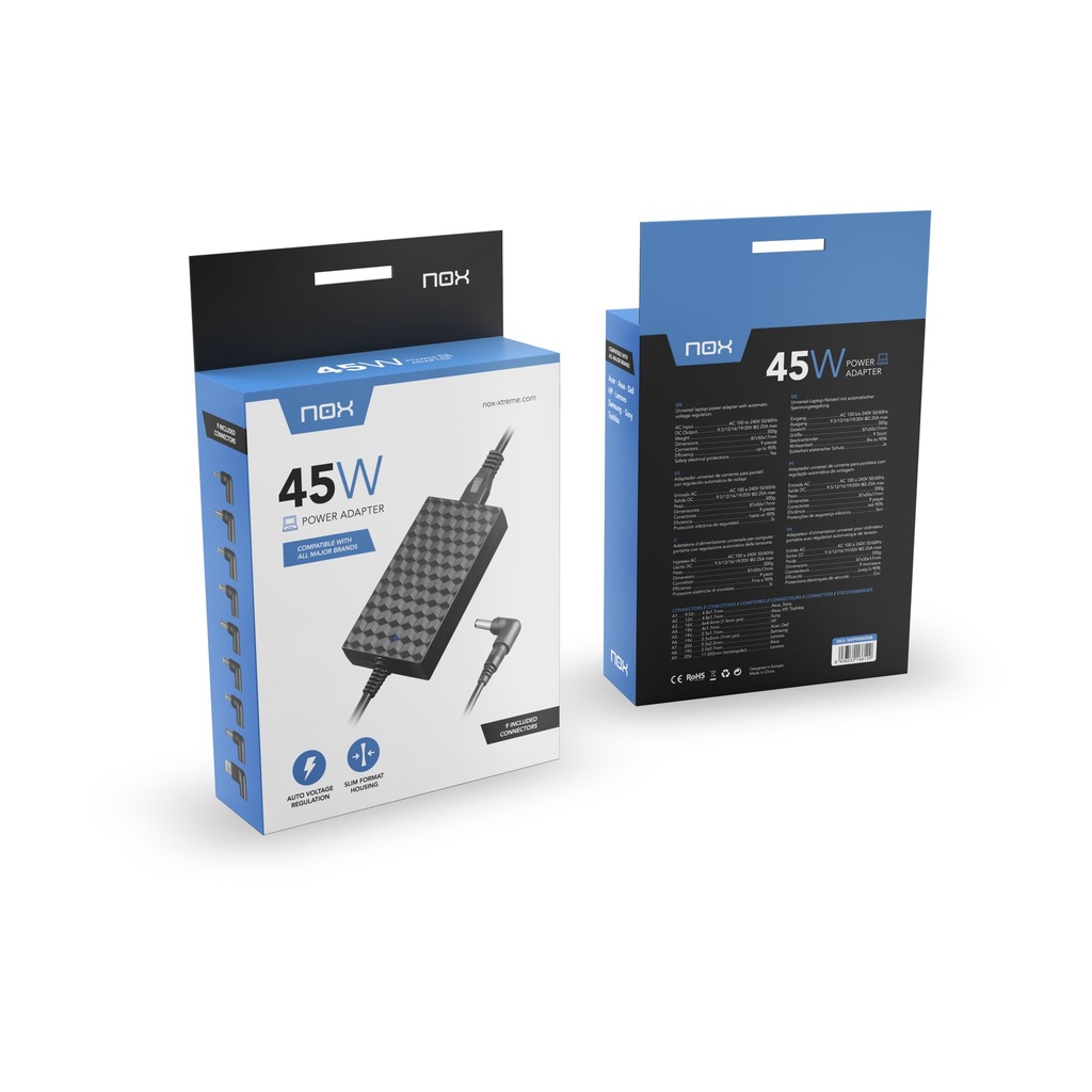 Cargador de Portátil Nox 45W/ 45W/ Automático/ 9 Conectores/ Voltaje 9-20V