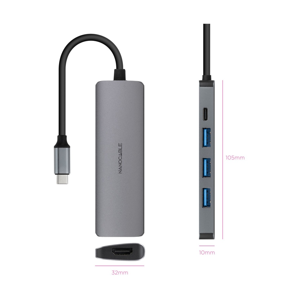 Docking Tipo-C Nanocable 10.16.4605/ 3xUSB/ 1xHDMI 4K/ 1xUSB Tipo-C PD/ Gris