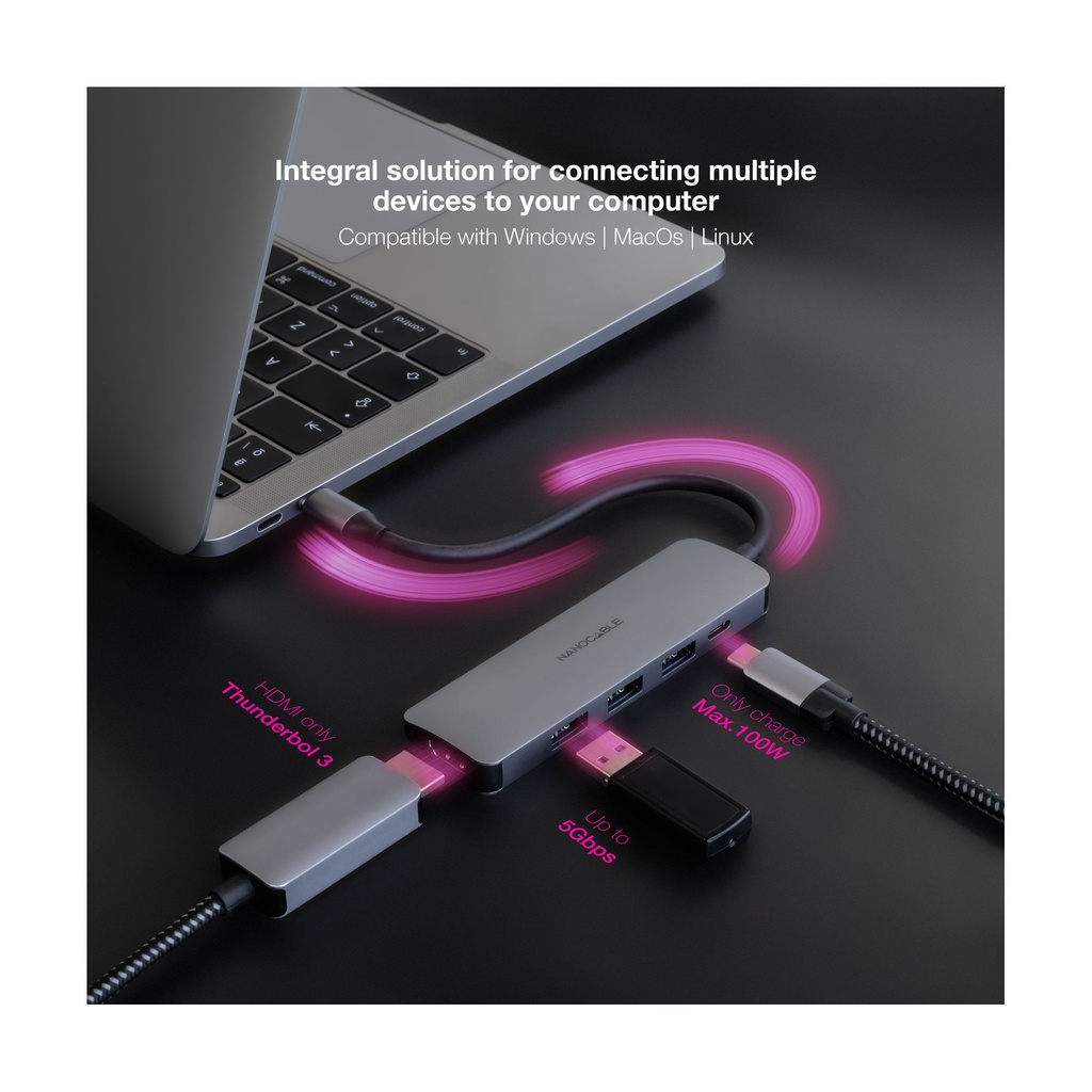 Docking Tipo-C Nanocable 10.16.4605/ 3xUSB/ 1xHDMI 4K/ 1xUSB Tipo-C PD/ Gris