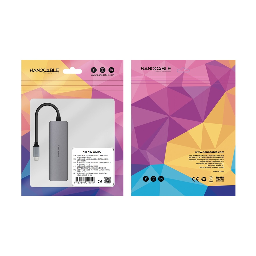Docking Tipo-C Nanocable 10.16.4605/ 3xUSB/ 1xHDMI 4K/ 1xUSB Tipo-C PD/ Gris