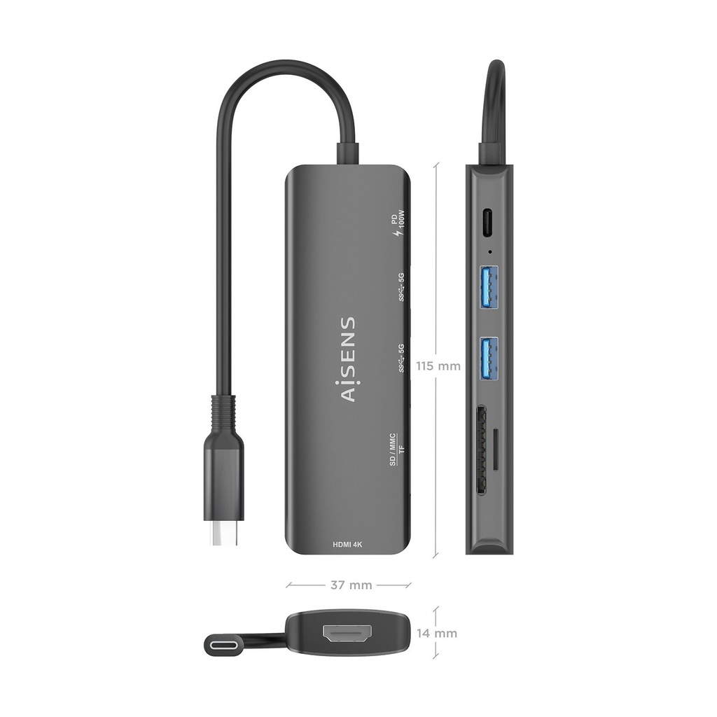 Docking USB Tipo-C Aisens ASUC-5P011-GR/ 1xHDMI 4K/ 2xUSB/ 1xUSB Tipo-C PD/ 1xLector Tarjetas/ Gris