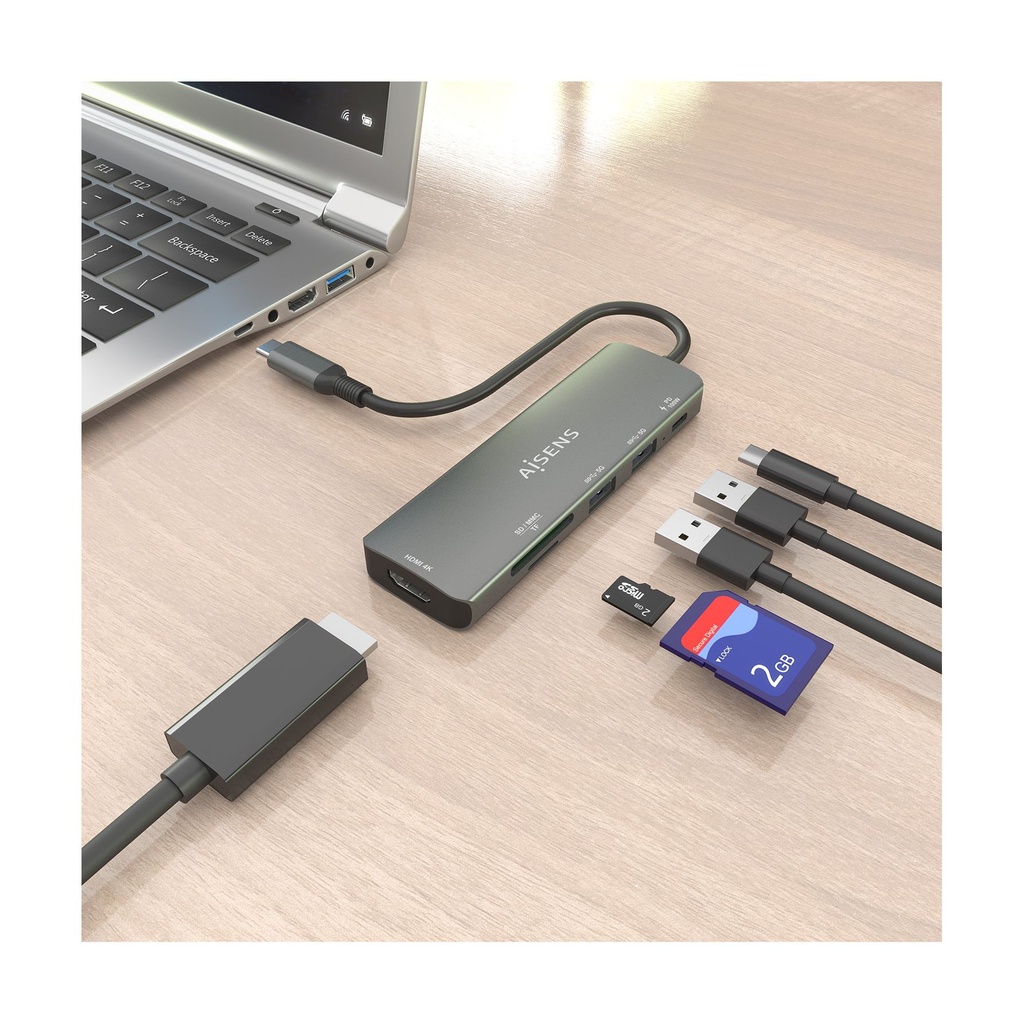 Docking USB Tipo-C Aisens ASUC-5P011-GR/ 1xHDMI 4K/ 2xUSB/ 1xUSB Tipo-C PD/ 1xLector Tarjetas/ Gris