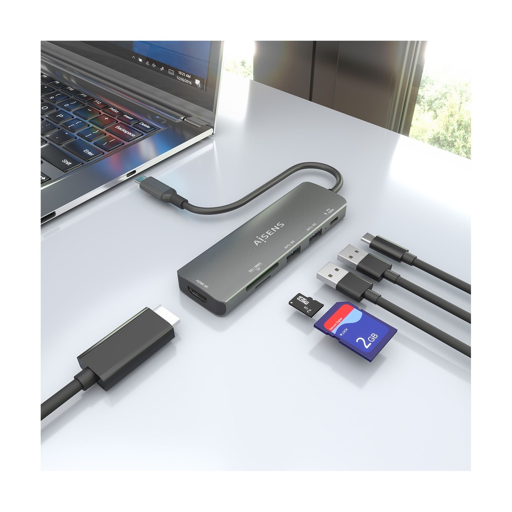 Docking USB Tipo-C Aisens ASUC-5P011-GR/ 1xHDMI 4K/ 2xUSB/ 1xUSB Tipo-C PD/ 1xLector Tarjetas/ Gris