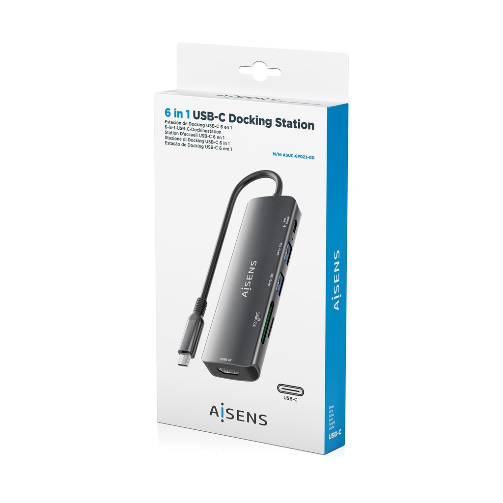 Docking USB Tipo-C Aisens ASUC-5P011-GR/ 1xHDMI 4K/ 2xUSB/ 1xUSB Tipo-C PD/ 1xLector Tarjetas/ Gris