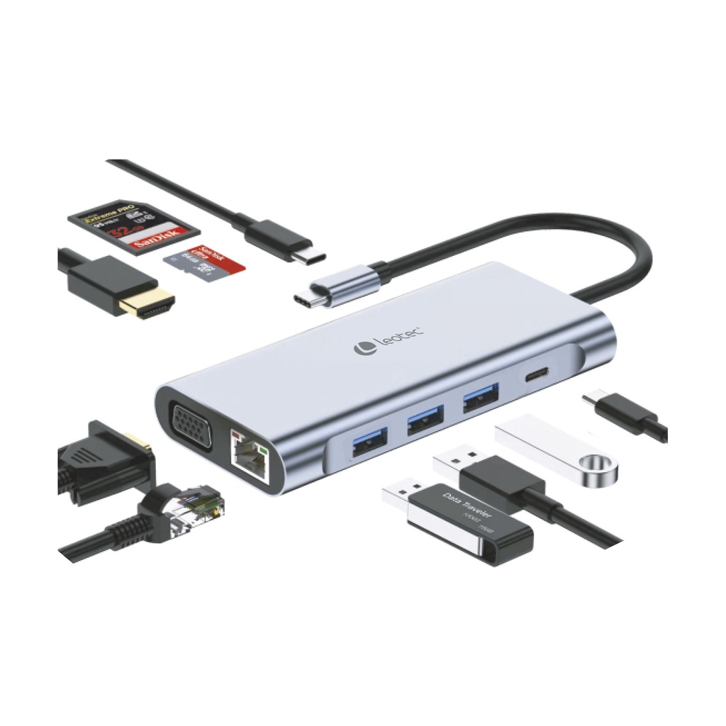 Docking USB Tipo-C Leotec LEDS01/ 3xUSB/ 2xUSB Tipo-C/ 1xUSB Tipo-C PD/ 1xHDMI 4K/ 1xVGA/ 1xRJ45/ 1xAudio/ 1xLector Tarjetas SD y MicroSD/ Gris