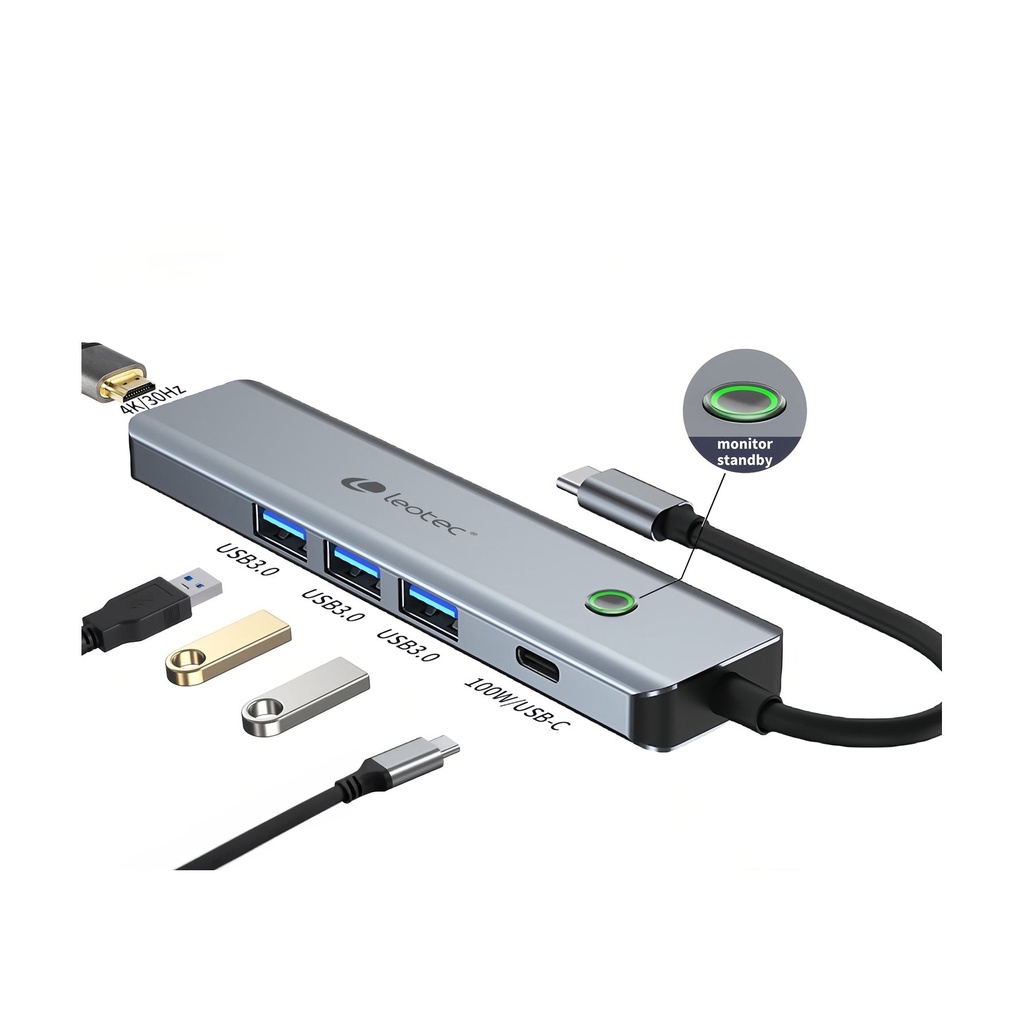Docking USB Tipo-C Leotec LEDS05/ 3xUSB/ 1xUSB Tipo-C PD/ 1xHDMI 4K/ Gris