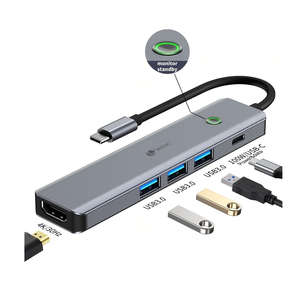 Docking USB Tipo-C Leotec LEDS05/ 3xUSB/ 1xUSB Tipo-C PD/ 1xHDMI 4K/ Gris