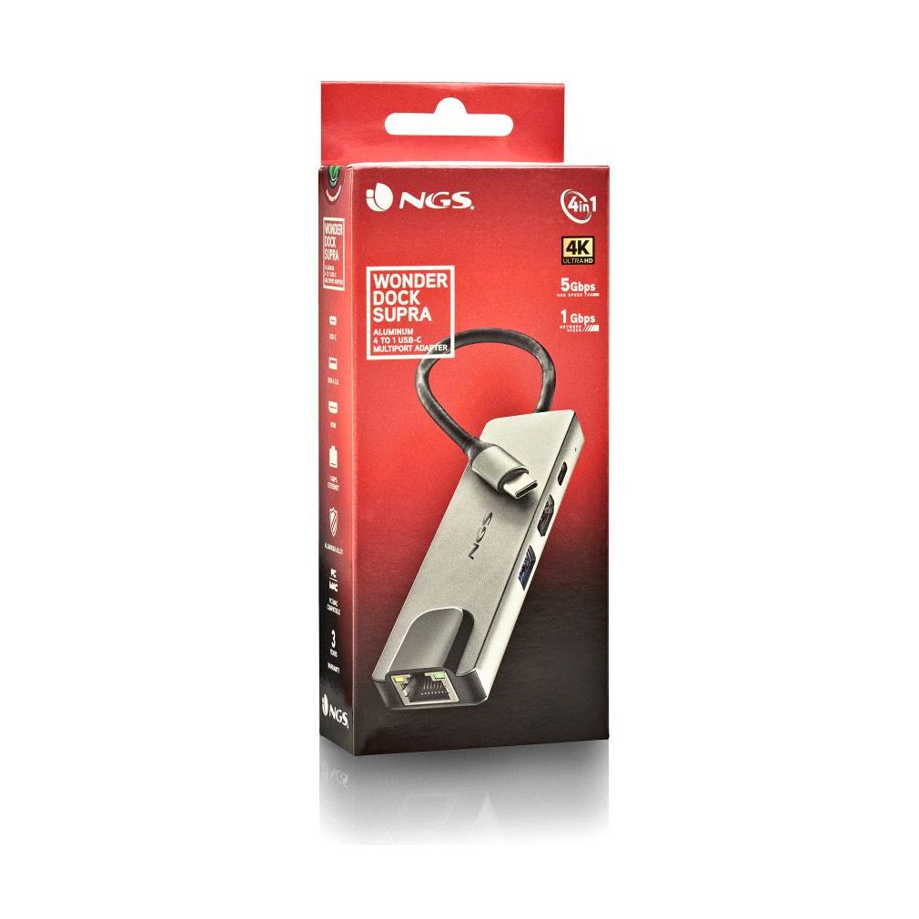 Docking USB Tipo-C NGS WonderDock Supra/ 1xUSB/ 1xUSB Tipo-C DP/ 1xHDMI 4K/ 1xRJ45/ Gris