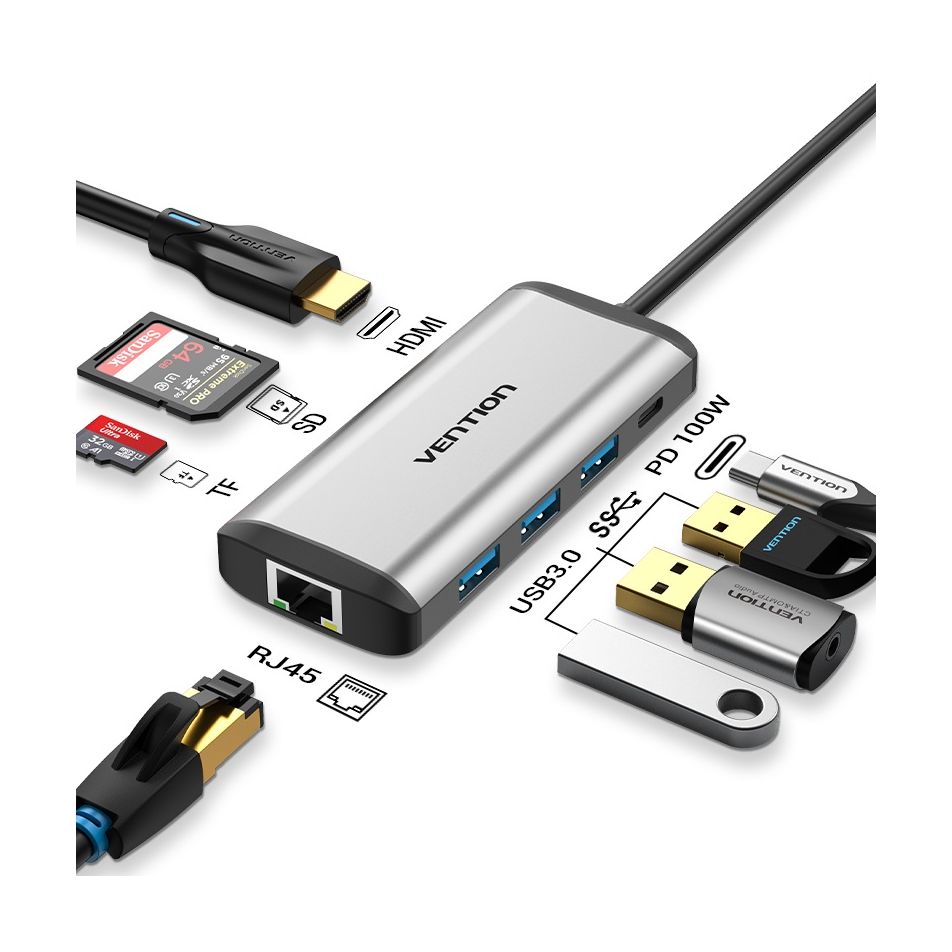 Docking USB Tipo-C Vention CNDHB/ 1xHDMI 4K/ 3xUSB/ 1xUSB Tipo-C PD/ 1xRJ45/ 1xLector tarjetas/ Gris