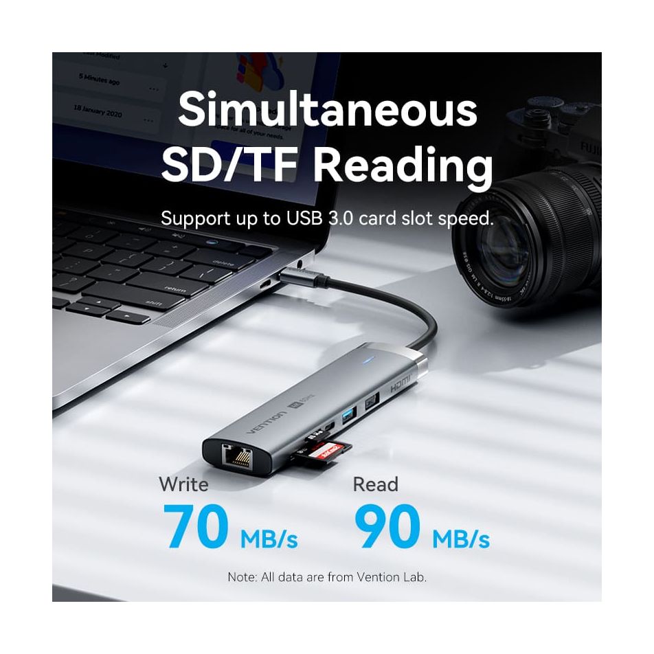 Docking USB Tipo-C Vention TGUHB/ RJ45/ 2xUSB/ 1xUSB Tipo-C/ 1xHDMI/ 1xUSB Tipo-C PD/ 1xLector de Tarjetas/ Gris