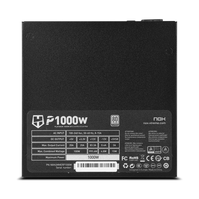 Fuente de Alimentación Nox Hummer P/ 1000W/ Ventilador 14cm/ 80 Plus Platinum