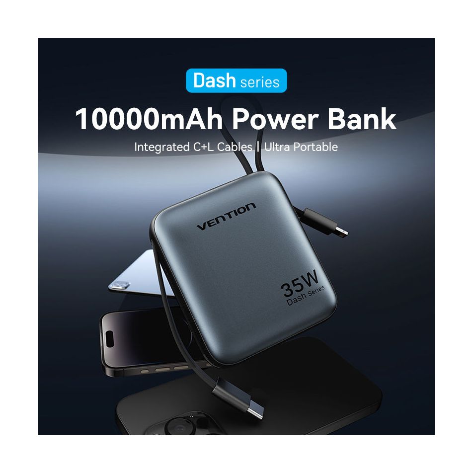 Powerbank 10000mAh Vention FHFN0/ 35W/ Gris/ Incluye Cable USB TIpo-C y Lightning