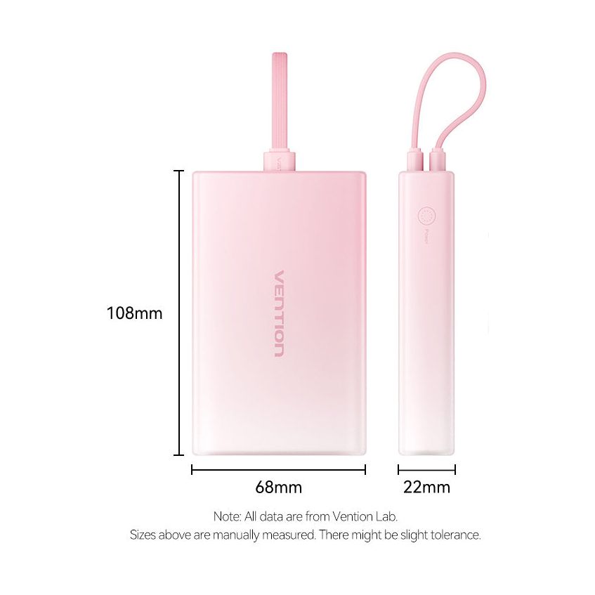 Powerbank 10000mAh Vention FHZP0/ 22.5W/ Rosa/ Incluye Cable USB Tipo-C y Lightning