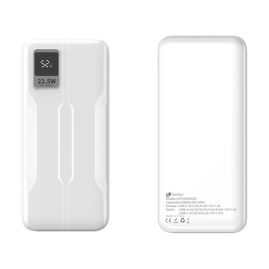 Powerbank 20000mAh Leotec LEPOW20W22W/ 22.5W/ Blanca