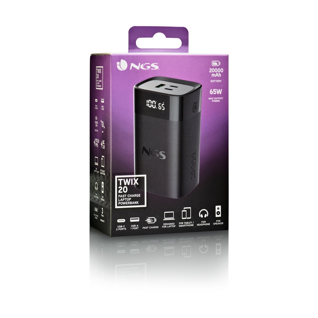 Powerbank 20000mAh NGS TWIX20/ 65W/ Compatible con Portátiles/ Negra