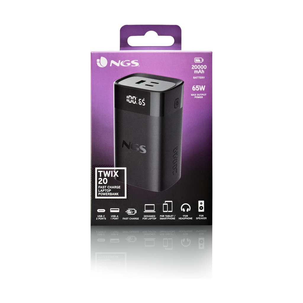 Powerbank 20000mAh NGS TWIX20/ 65W/ Compatible con Portátiles/ Negra