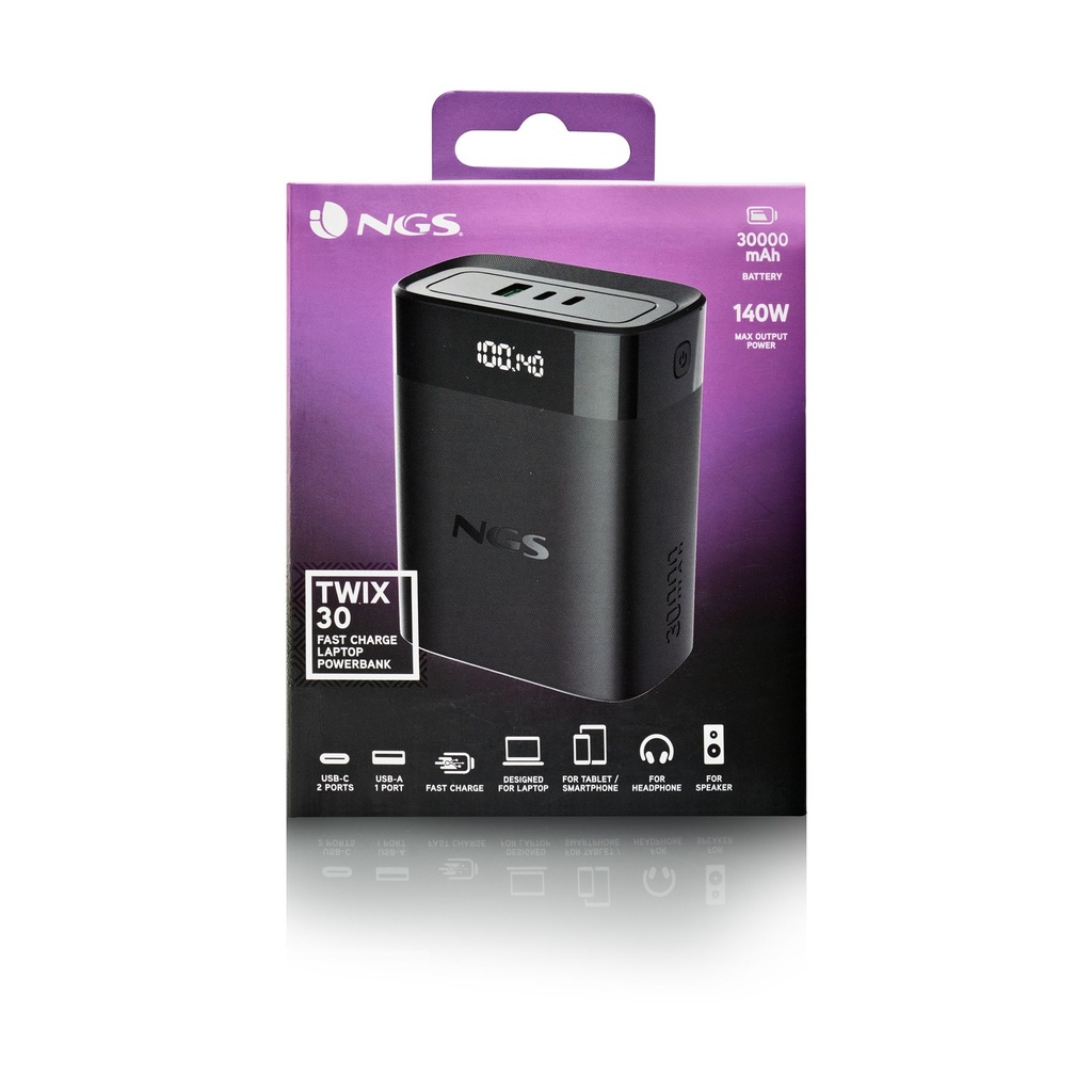 Powerbank 30000mAh NGS TWIX30/ 140W/ Compatible con Portátiles/ Negra