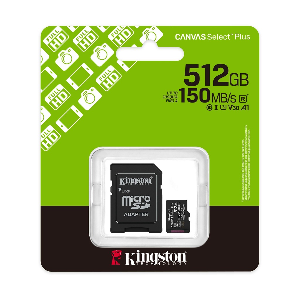Tarjeta de Memoria Kingston CANVAS Select Plus 512GB microSD XC con Adaptador/ Clase 10/ 150MBs
