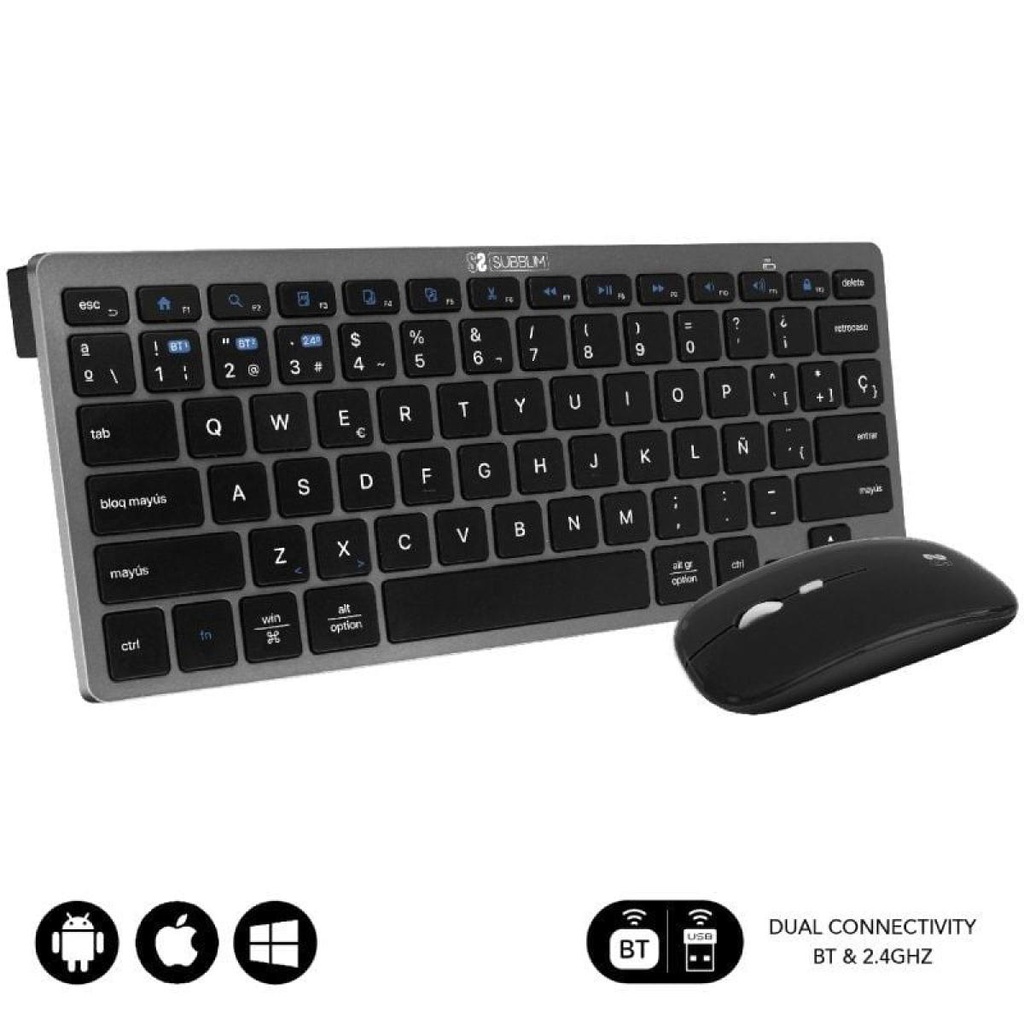 Ensemble clavier et souris sans fil Subblim OCO020, compact et multi-appareils/gris