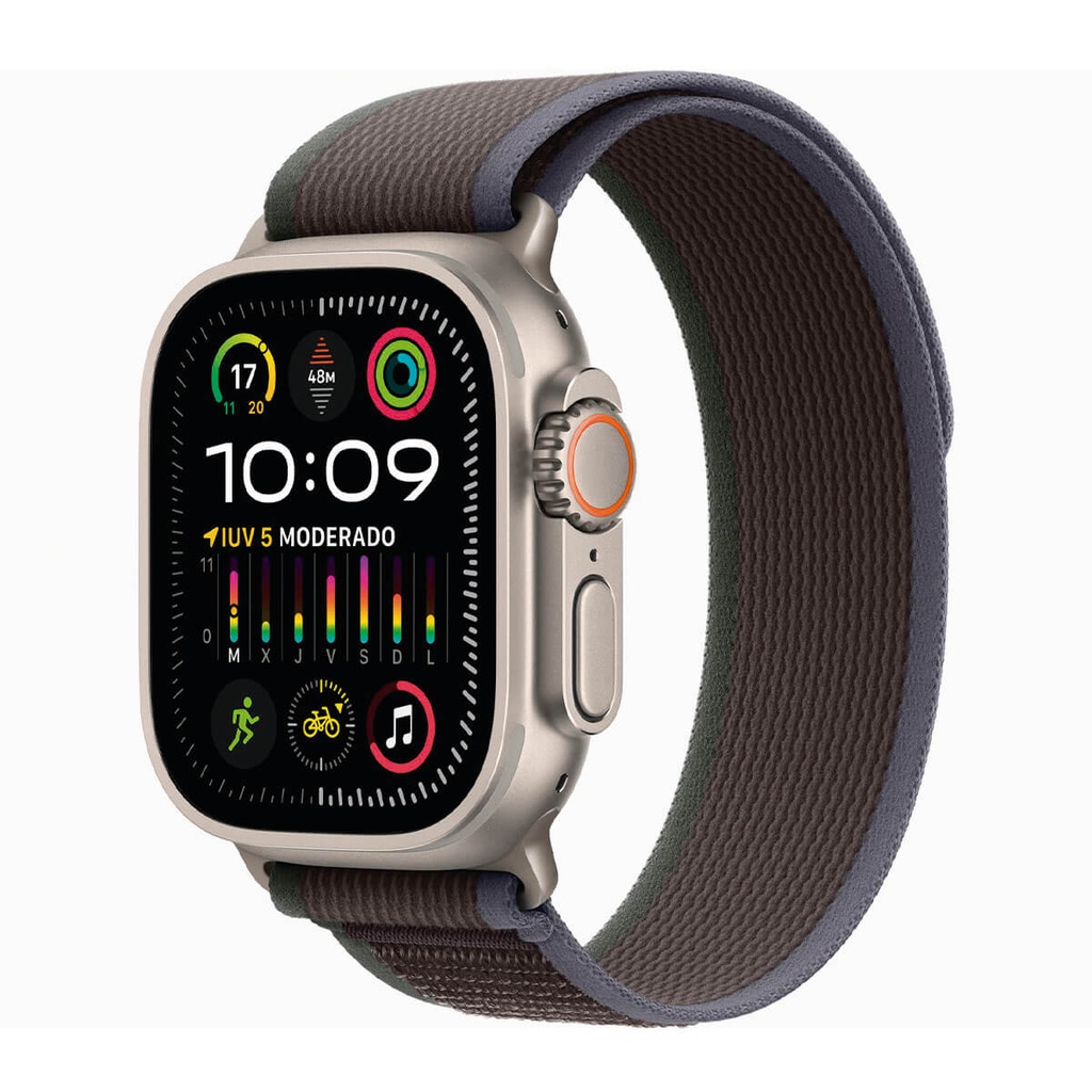 Apple Watch Ultra 2 (GPS + Mobilfunk), 49 mm, Titan, mit blau/schwarzem Trail-Loop-Armband MRF63TY/A – Größe M/L