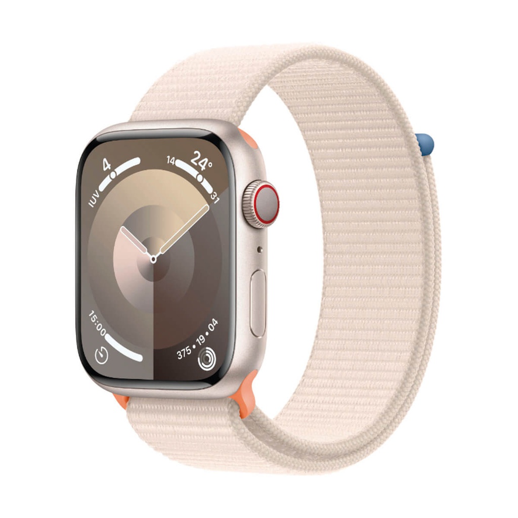 Apple Watch Series 9 GPS 45 mm Bracelet sport en aluminium blanc et boucle blanche (Starlight)