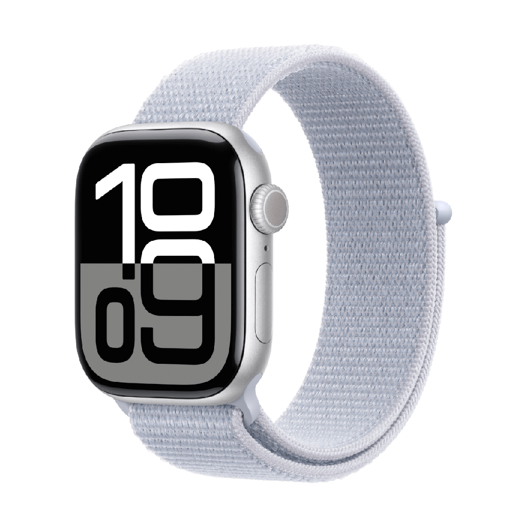 Apple Watch Series 10 GPS 46 mm Sportarmband aus silbernem Aluminium und blauer Schlaufe (Blue Cloud)