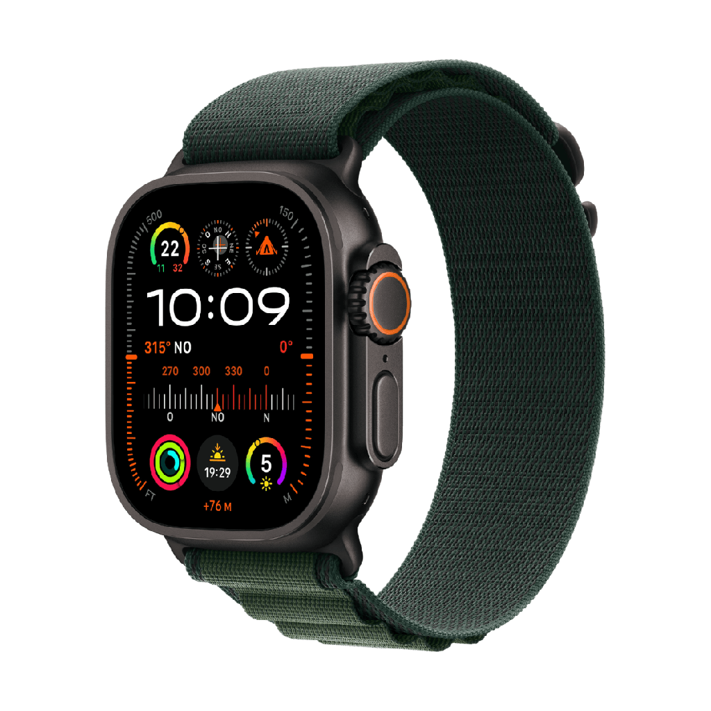 Apple Watch Ultra 2 GPS + Cellular 49 mm Titanschwarz mit dunkelgrünem Alpine Loop – Größe S
