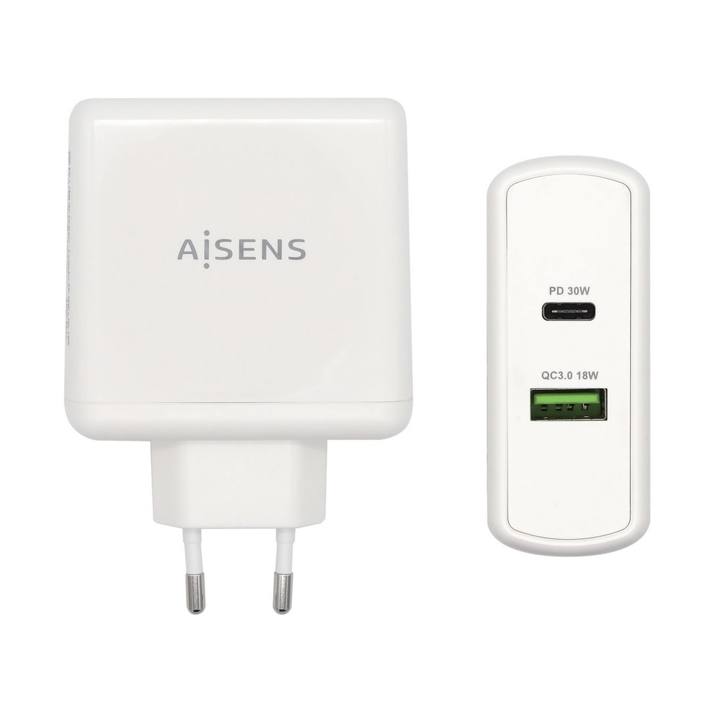 Aisens Wall Charger ASCH-2PD30QC-W/ 1xUSB Type-C/ 1x USB/ 48W
