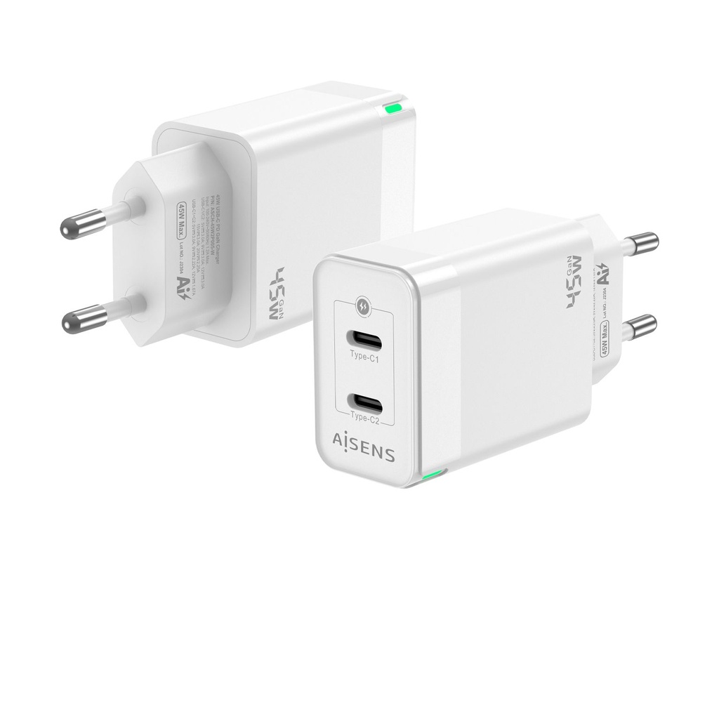 Aisens GaN Wall Charger ASCH-45W2P005-W/ 2xUSB Type-C/ 45W