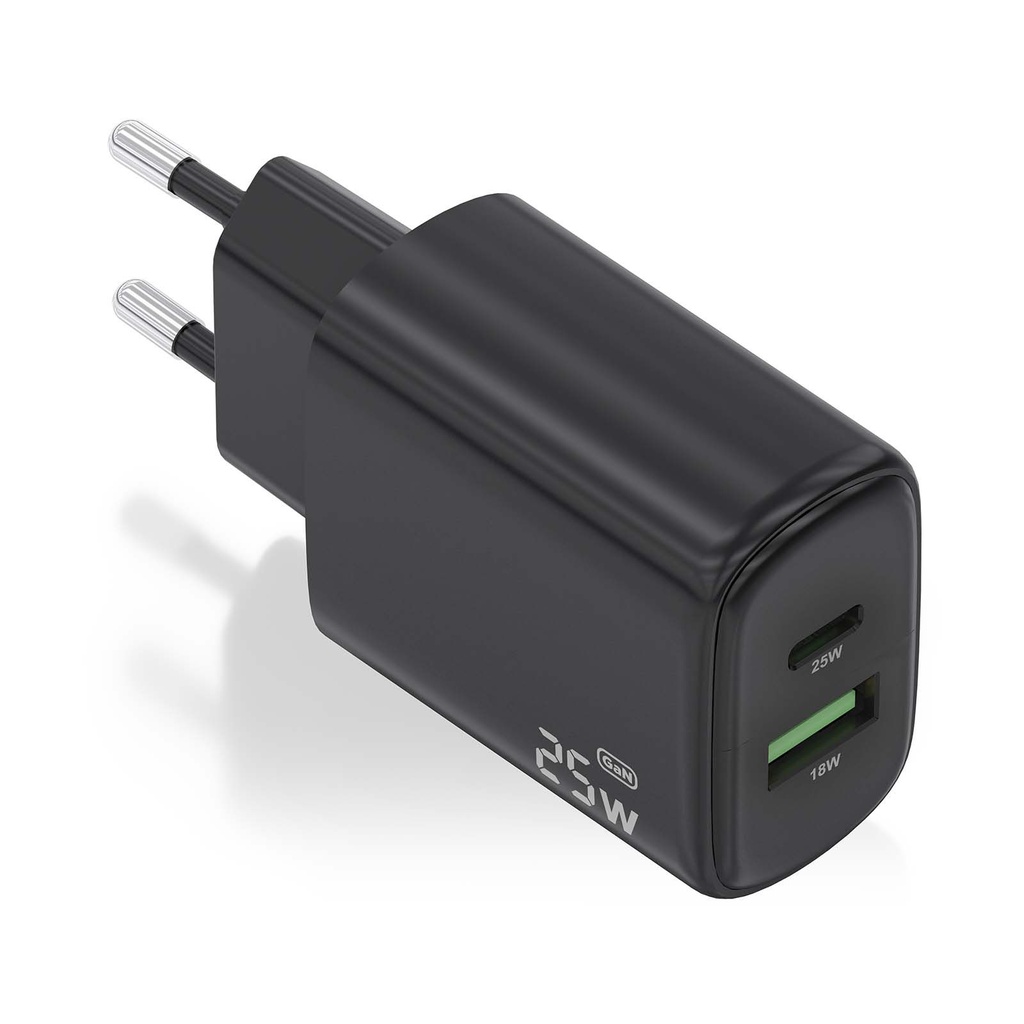 Cargador de Pared GaN Aisens A110-0912/ 1xUSB Tipo-C/ 1xUSB/ 25W/ Negro