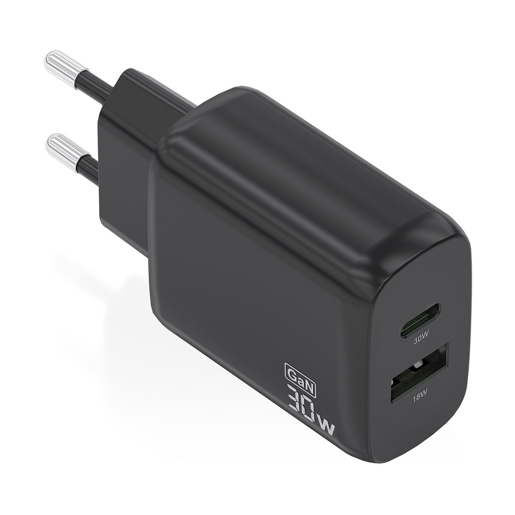 Cargador de Pared GaN Aisens A110-0924/ 1xUSB Tipo-C/ 1xUSB/ 30W/ Negro