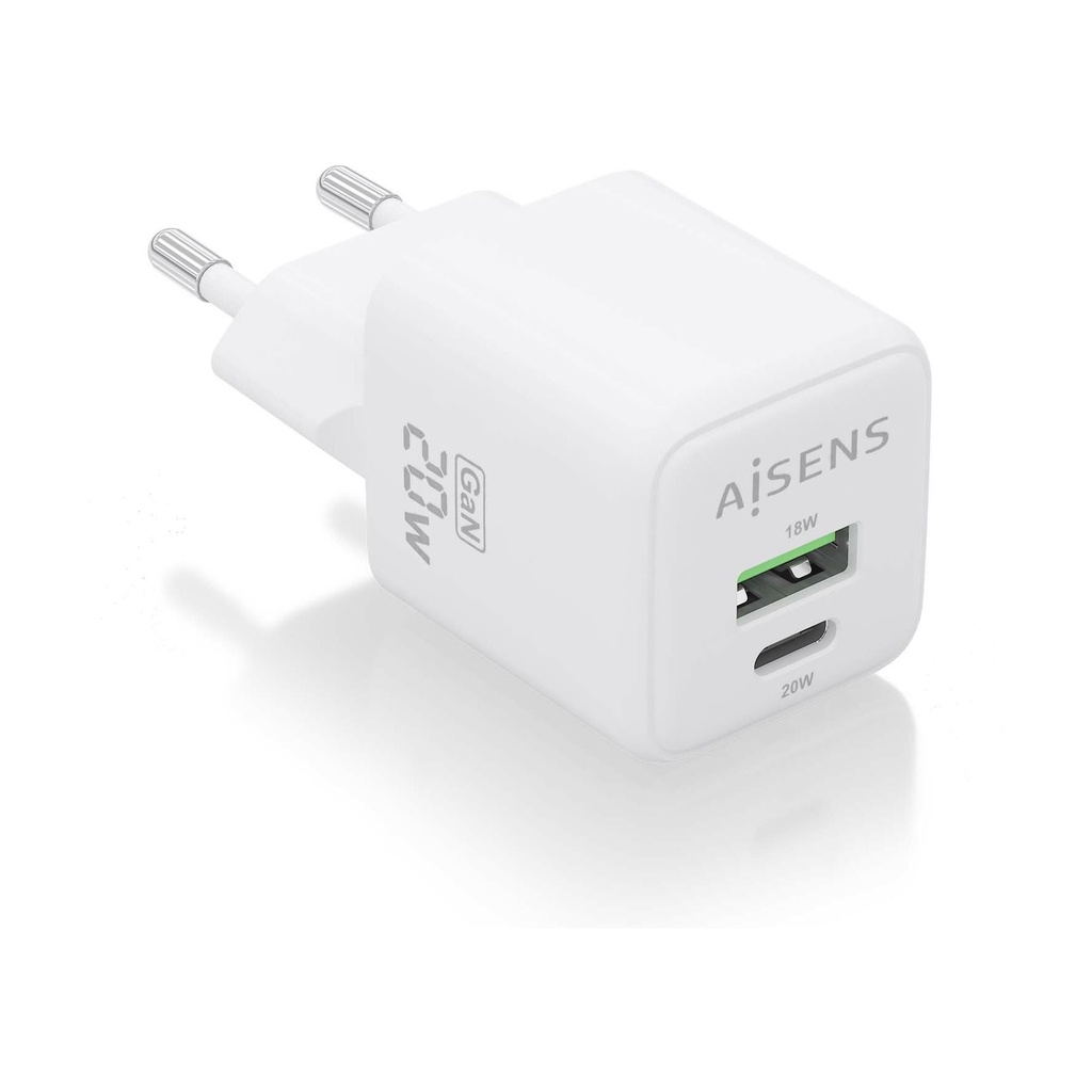 Cargador de Pared GaN Aisens ASCH-20W2P010-W/ 1xUSB Tipo-C/ 1xUSB/ 20W