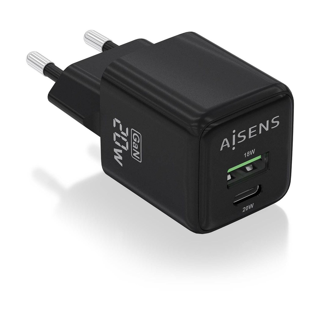 Aisens GaN Wall Charger ASCH-20W2P011-BK/ 1xUSB Type-C/ 1xUSB/ 20W