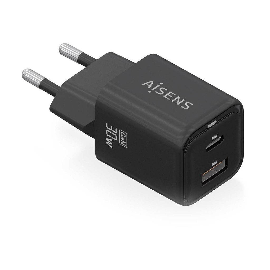 Aisens GaN Wall Charger ASCH-30W2P021-BK/ 1xUSB Type-C/ 1xUSB/ 30W
