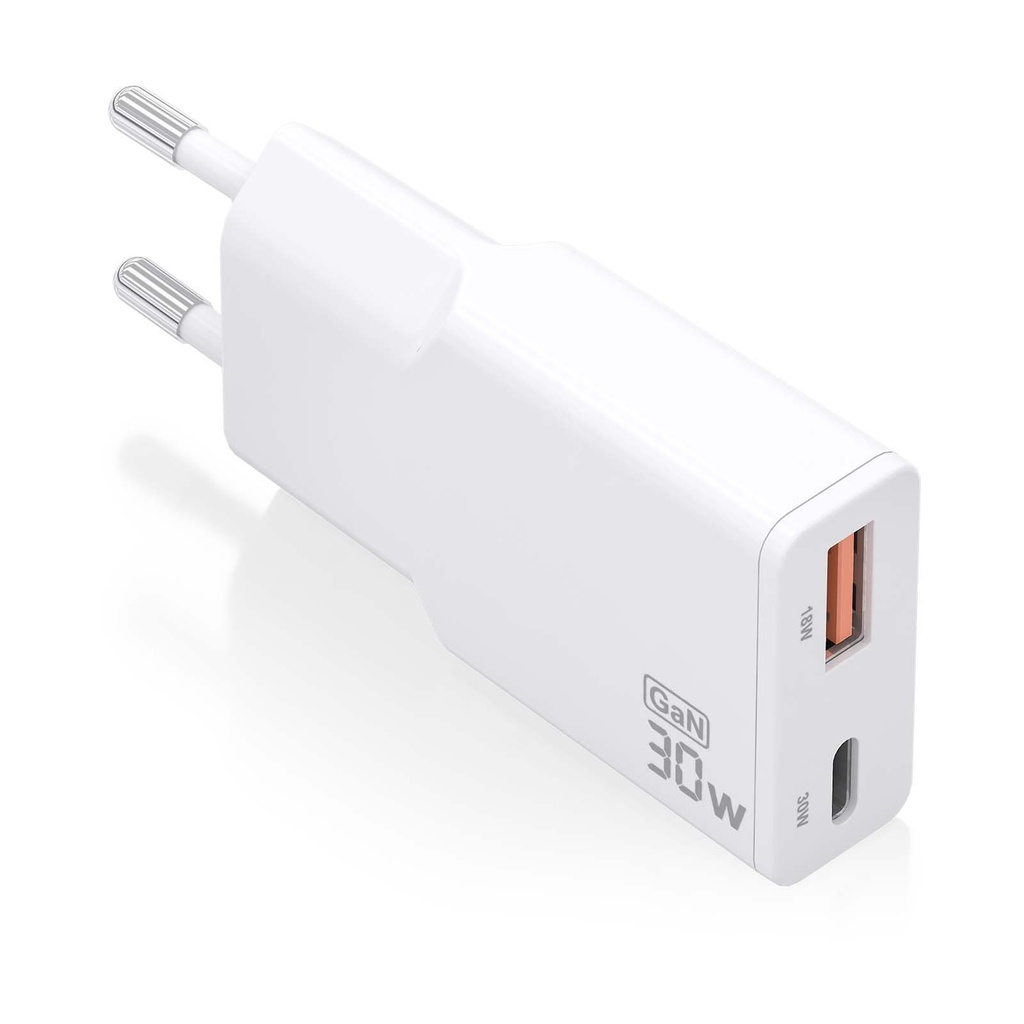 Aisens GaN Wall Charger ASCH-30W2P046-W / 1xUSB Type-C / 1xUSB / 30W / White