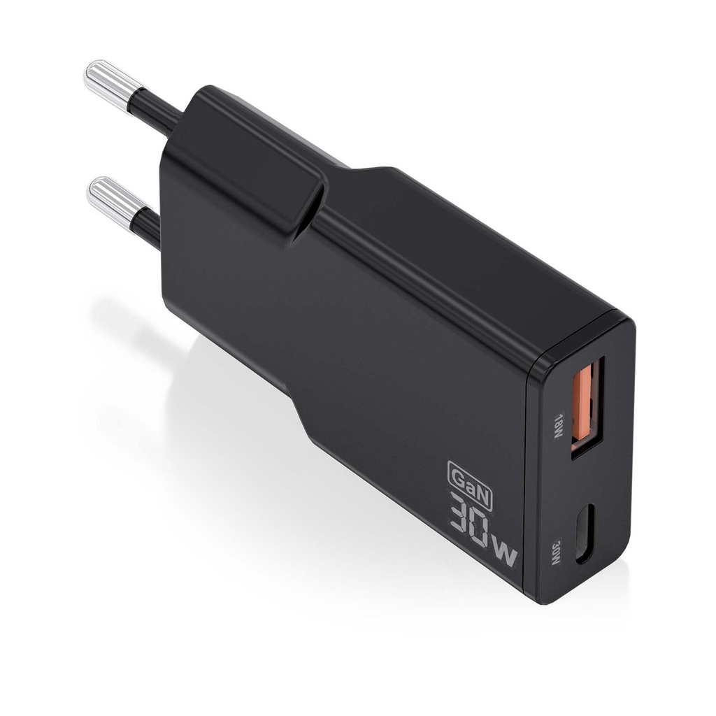 Aisens GaN Wall Charger ASCH-30W2P047-BK/ 1xUSB Type-C/ 1xUSB/ 30W/ Black