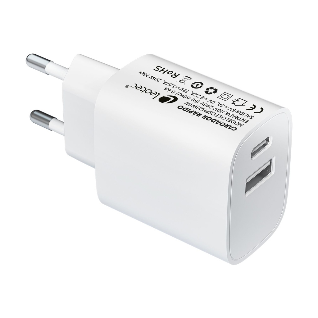 Leotec LECSPH20W2W Wall Charger/ 1xUSB Type-C/ 1xUSB/ 20W