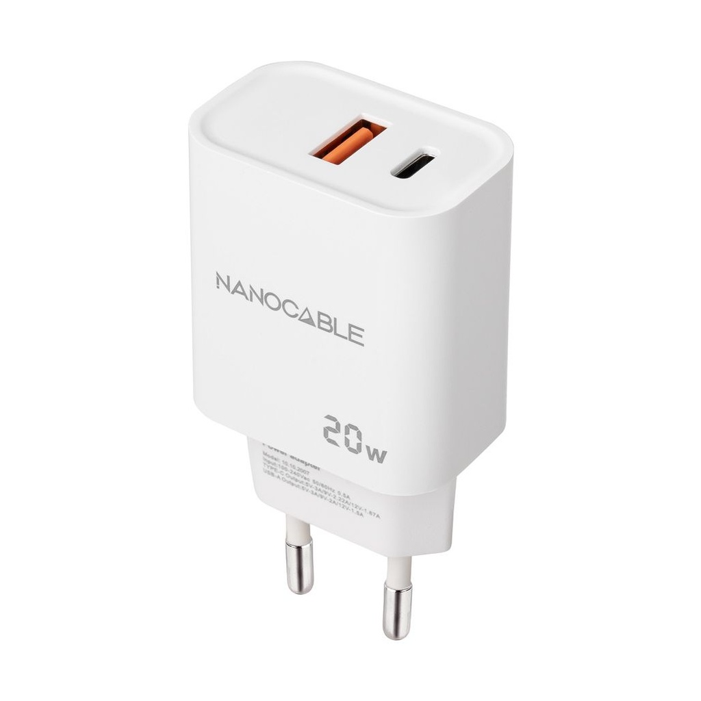 Cargador de Pared Nanocable 10.10.2007/ 1xUSB/ 1xUSB Tipo-C/ 20W/ Blanco