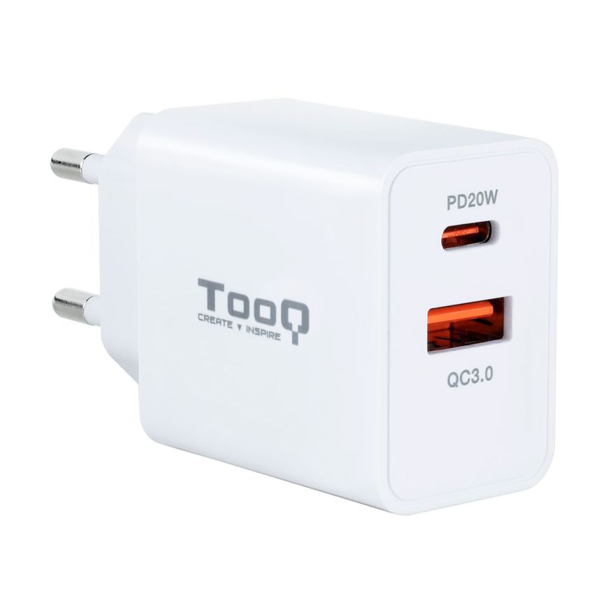 Cargador de Pared TooQ TQWC-2SC04WT/ 1xUSB Tipo-C/ 1xUSB/ 20W