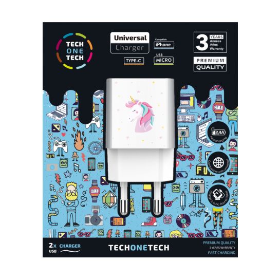 Cargador de Pared Tech One Tech Unicornio Dream/ 2xUSB/ 12W/ Blanco