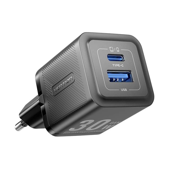 Vention Cargador de Pared GaN 2 Puertos USB (C+A) (30W/30W) - Carga rapida EU - Color Negro
