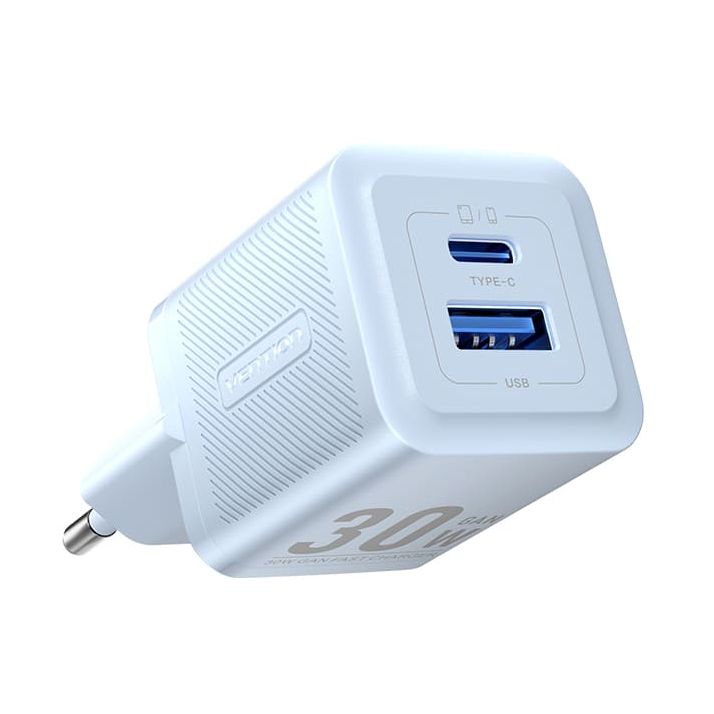 Vention Cargador de Pared GaN 2 Puertos USB (C+A) - 30W/30W - Carga rapida EU - Color Azul