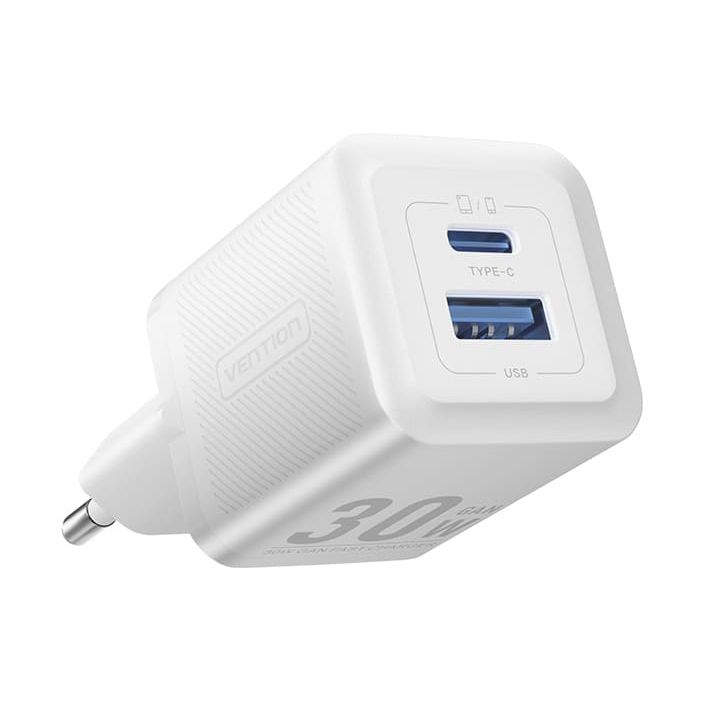 Vention Cargador de Pared GaN 2 Puertos USB (C+A) (30W/30W) - Carga rapida EU - Color Blanco