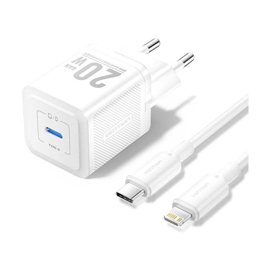 GaN Vention Wall Charger TZ-FEPW0-EU-02/ 1xUSB Type-C + Lightning Cable/ 20W